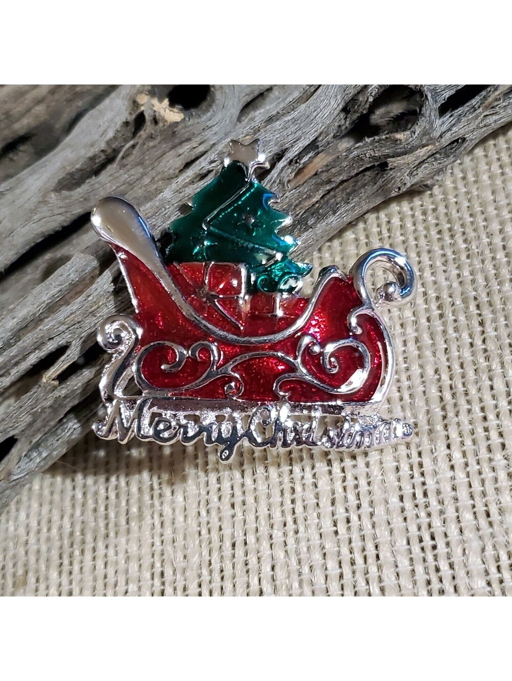 Christmas Santa Sleigh Tree Red Green Silver Enamel Sweater Pin Brooch